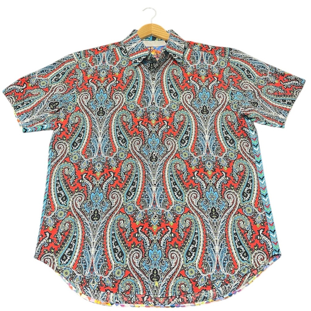 ROBERT GRAHAM Size L Black Multi Color Paisley Cotton Short Sleeve Shirt